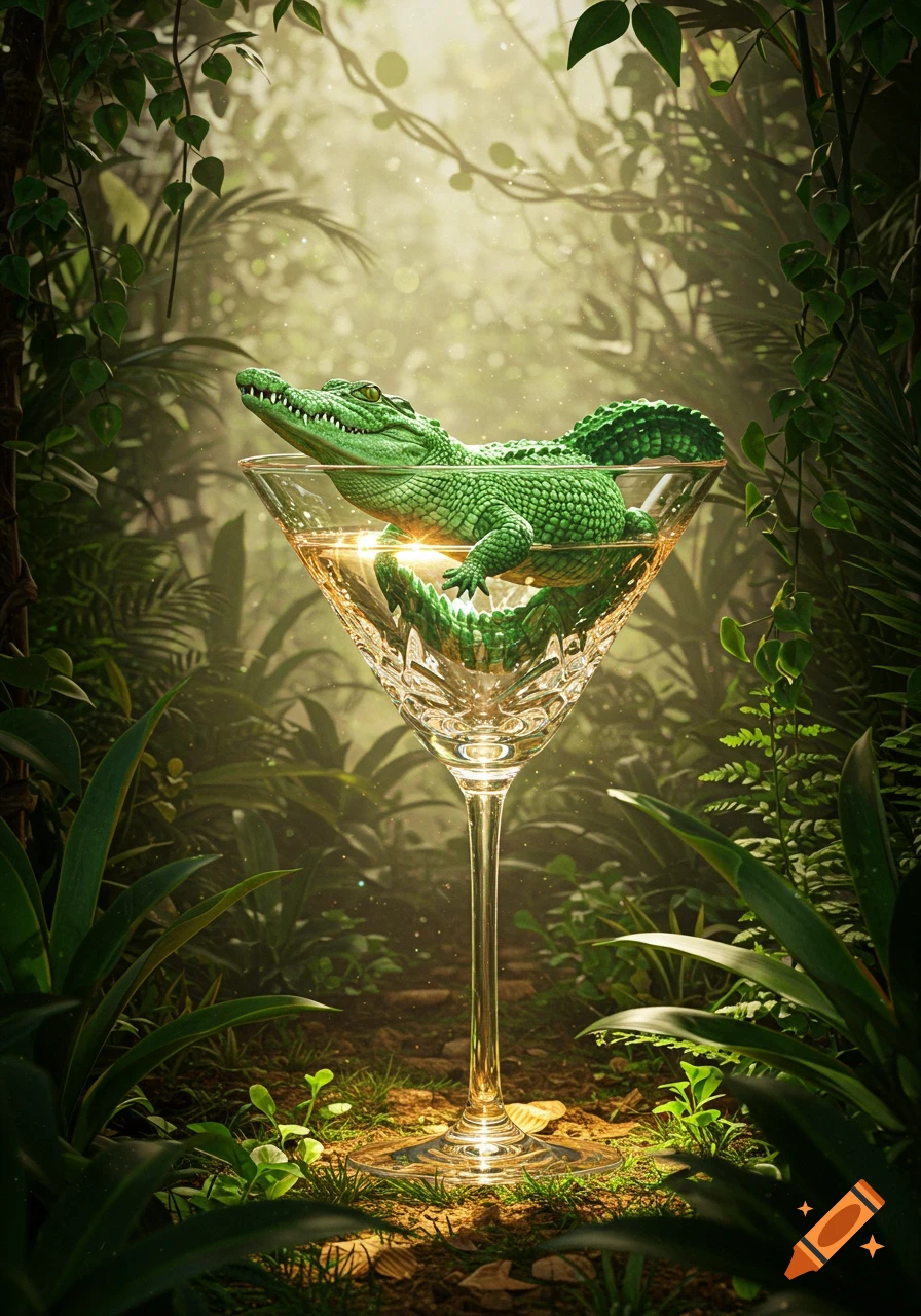 A green crocodile rests in a martini glass filled with a golden liquid, set in a lush, sun-dappled jungle, photorealistic style.