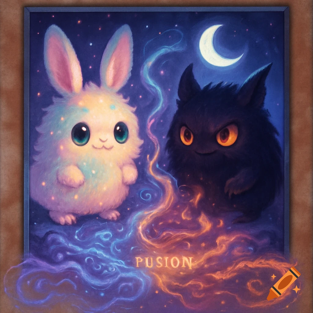 A fluffy white bunny creature and a dark, spiky monster face each other, separated by swirling blue and orange magical energy. A crescent moon hangs above, in a star-filled night sky.