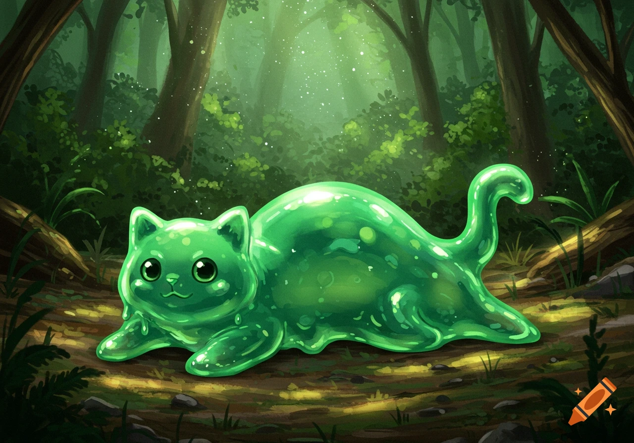 A cute, shiny, transparent green slime cat lies in a magical forest.