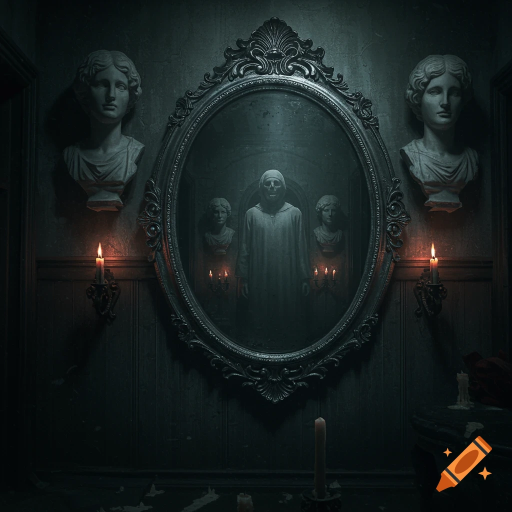 A dark, spooky room with an ornate oval mirror reflecting a skeletal figure, flanked by classical busts and lit candles. Photorealistic horror style.