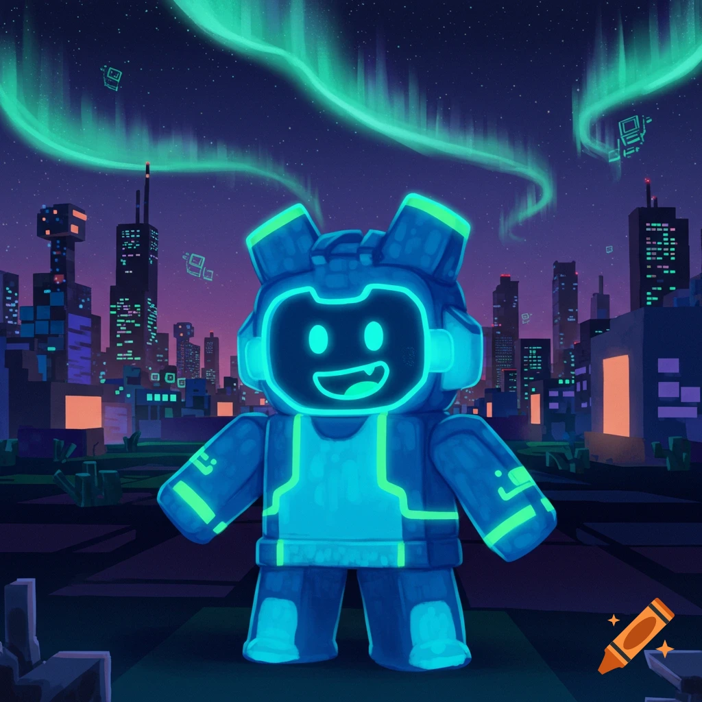 A glowing blue robot with a happy digital face stands in a stylized, blocky futuristic city under a green aurora-lit night sky.