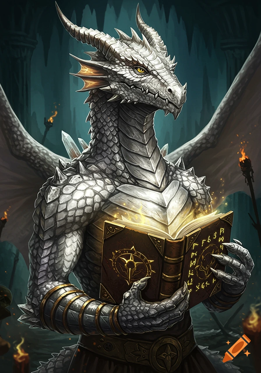 An epic, cinematic portrait of a silver dragon-like creature with golden eyes, holding a glowing necromantic grimoire with dark runes.