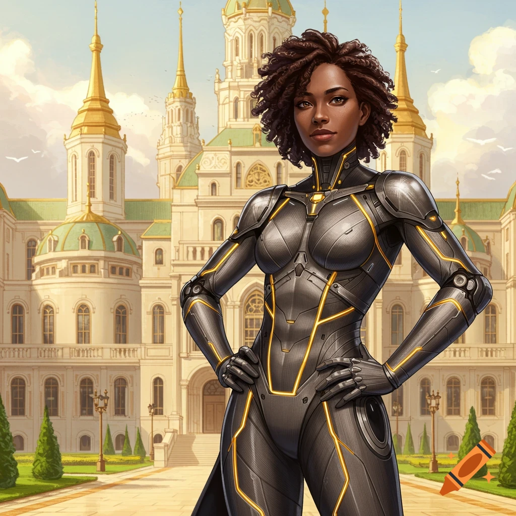 A dark-skinned woman in a futuristic black and gold suit stands confidently before a majestic palace.
