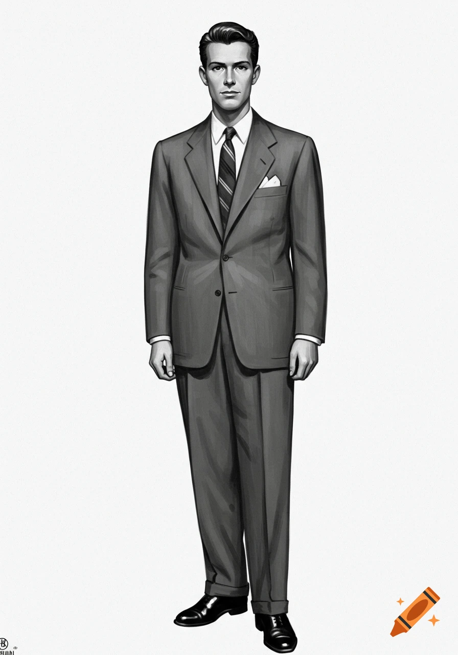 Full-body black and white illustration of a man in a 1950s suit with a striped tie, standing against a white background.