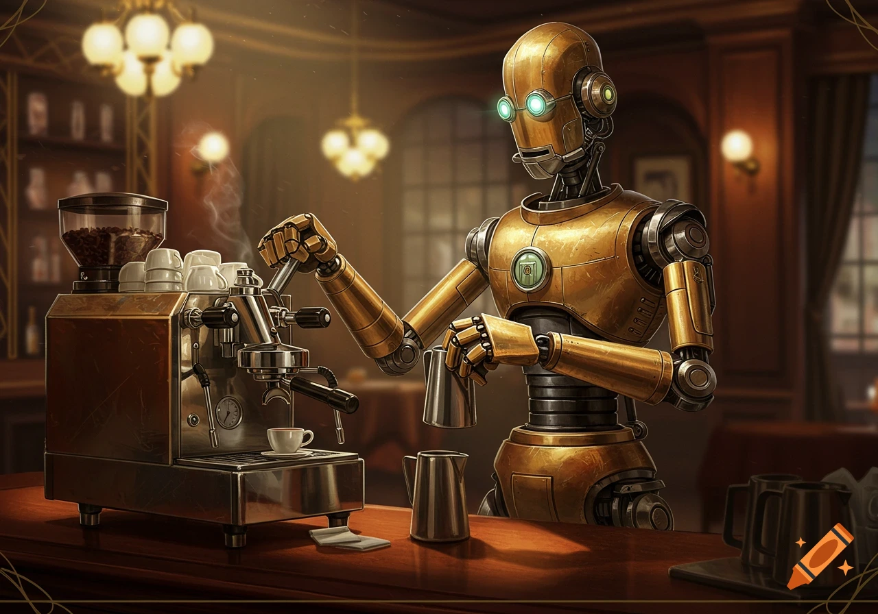 An art-deco style robot with glowing eyes operates an espresso machine in a dimly lit, elegant cafe.