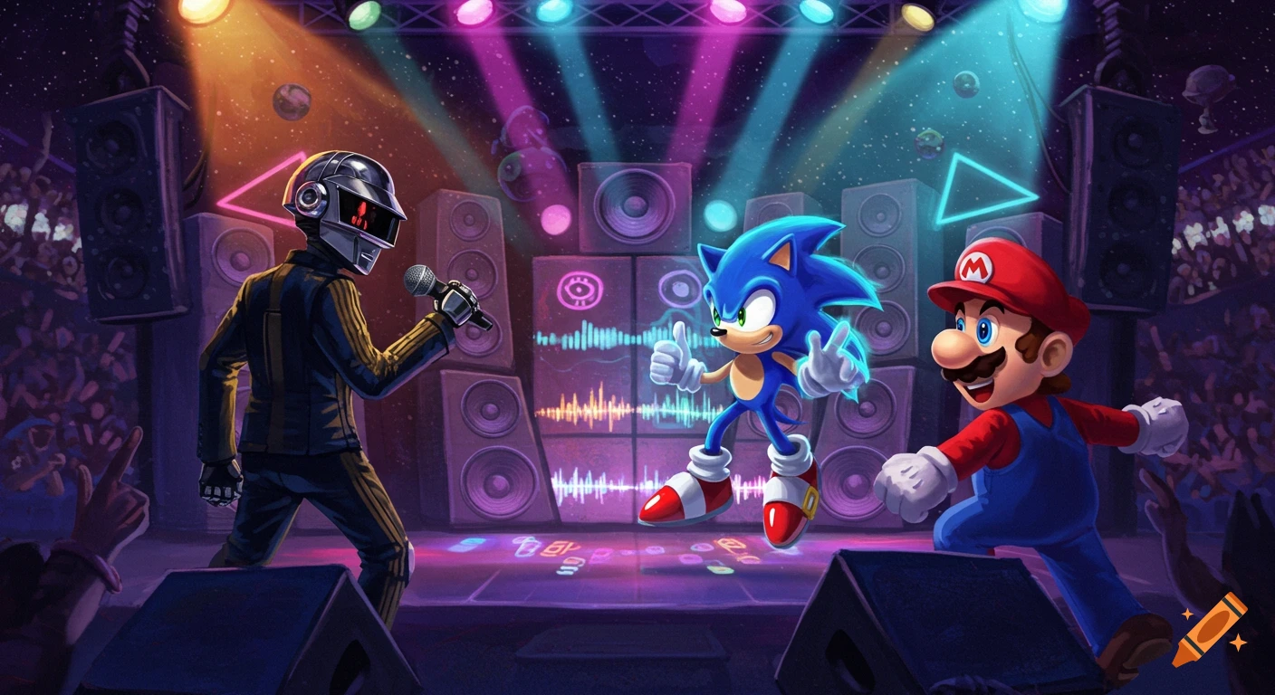 Daft Punk, Sonic, and Mario on a vibrant concert stage, surrounded by speakers and spotlights, in a digital art style.