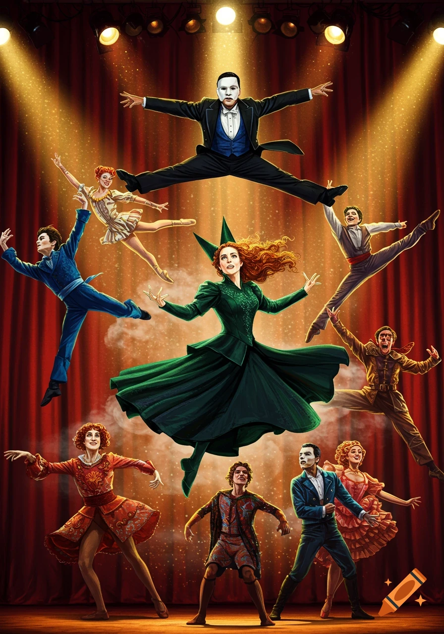An illustrated collage of various musical theater characters, including Elphaba and the Phantom, dancing on a stage under spotlights.