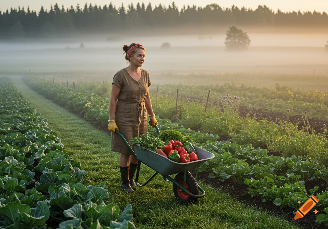A woman pushes a wheelbarrow full of red and green peppers and greens through a misty farm field at sunrise.