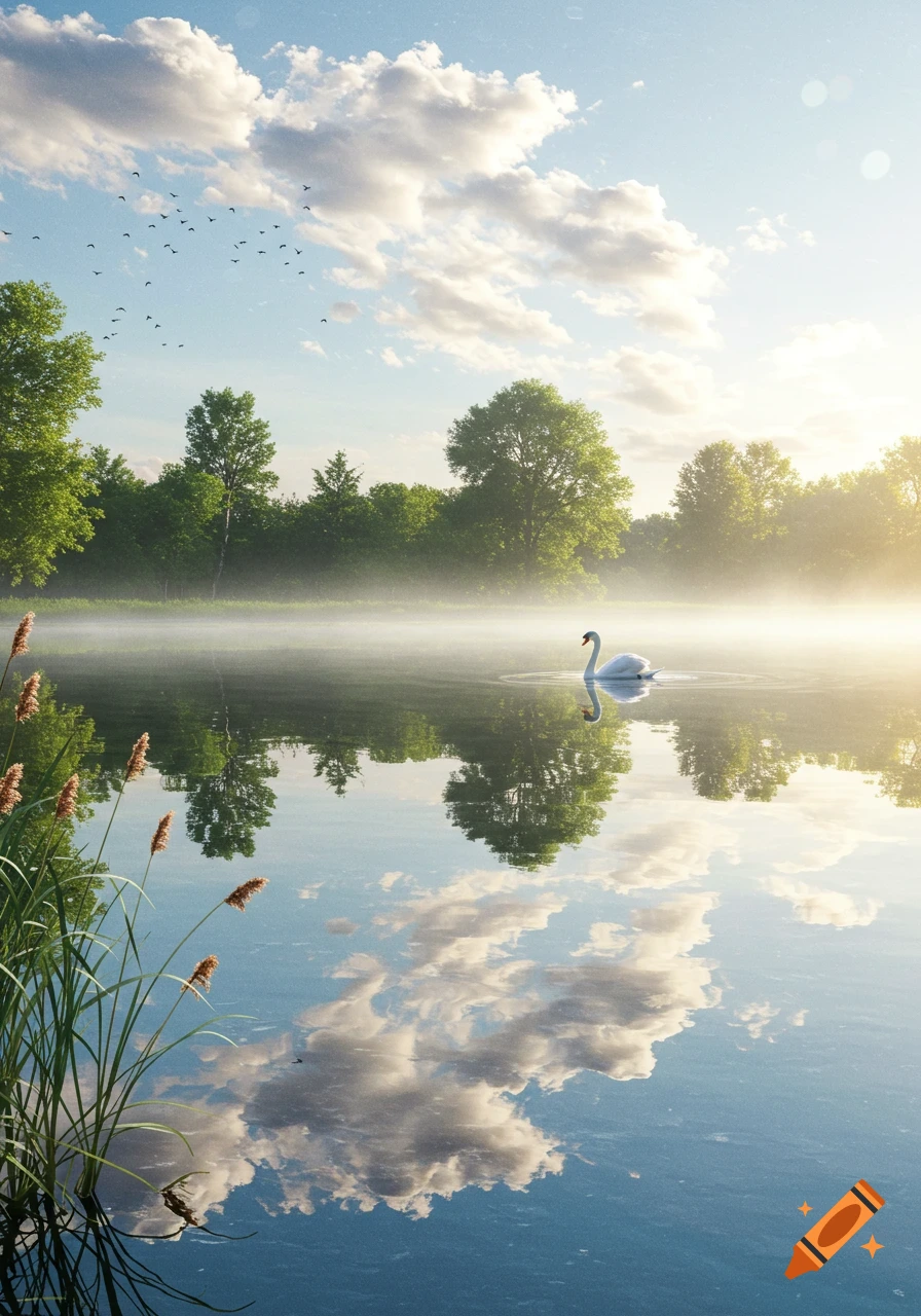 A serene, photorealistic landscape with a white swan gracefully floating on a misty lake at sunrise, surrounded by lush trees and cattails.