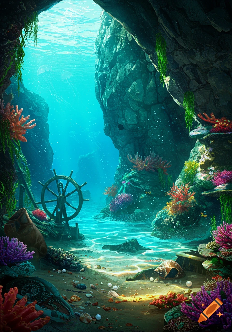 Vibrant underwater grotto with a sunken ship's wheel, colorful coral, shells, and jellyfish, illuminated by light rays.