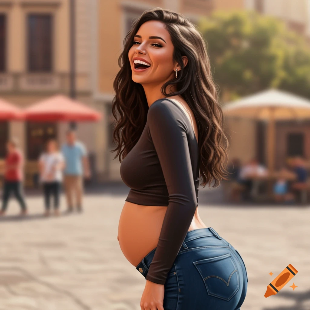 A beautiful, laughing pregnant woman with long brown hair stands in jeans and a black crop top, exposing her belly in a blurry outdoor setting.