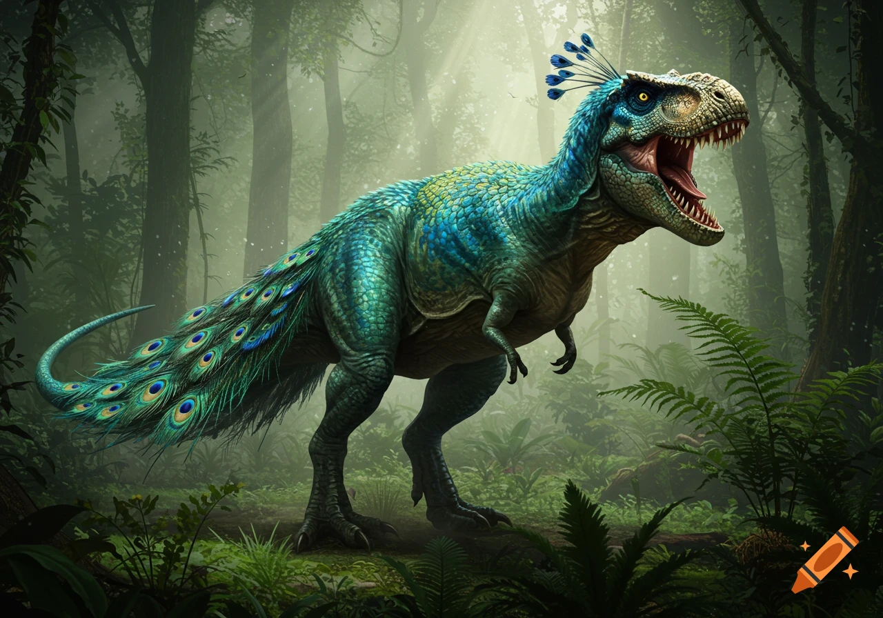 A vibrant blue and green peacock-dinosaur hybrid with a feathered tail and head plume stands roaring in a lush, misty jungle.