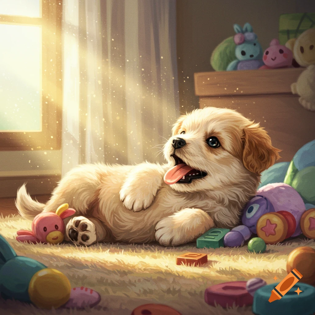 A fluffy golden puppy lies on a rug, tongue out, surrounded by colorful toys and bathed in sunlight.