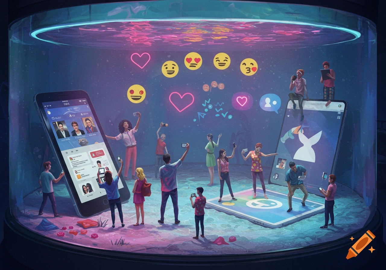 An artistic surreal illustration of an aquarium where people interact with giant smartphone screens and social media emojis.