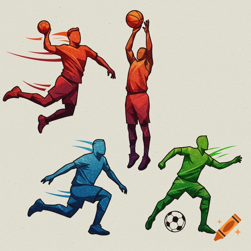 Stylized, geometric illustration of four athletes: a red handball player, an orange basketball player, a blue runner, and a green soccer player.