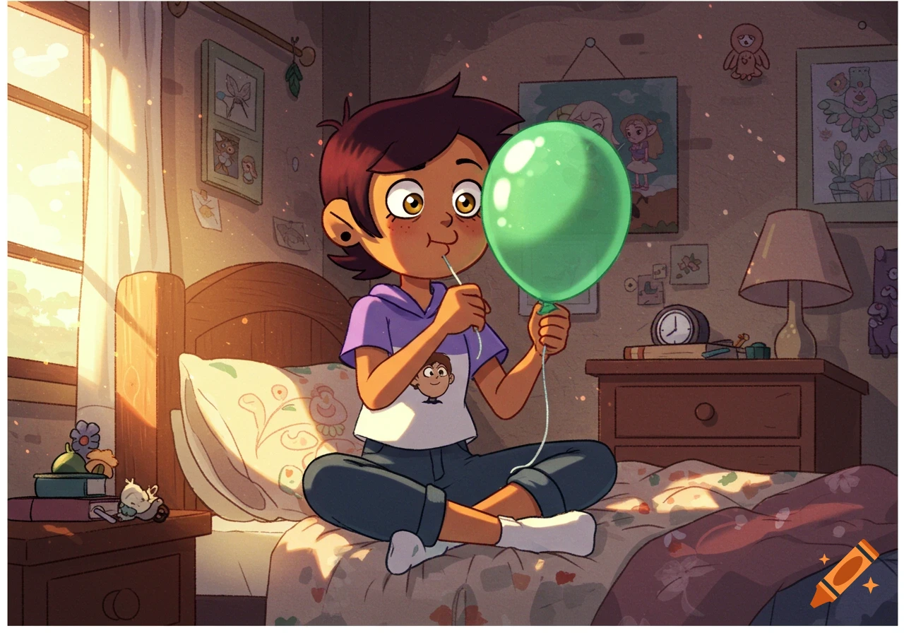 Cartoon character Luz Noceda sits cross-legged on her bed, blowing up a green balloon in her sunlit bedroom.