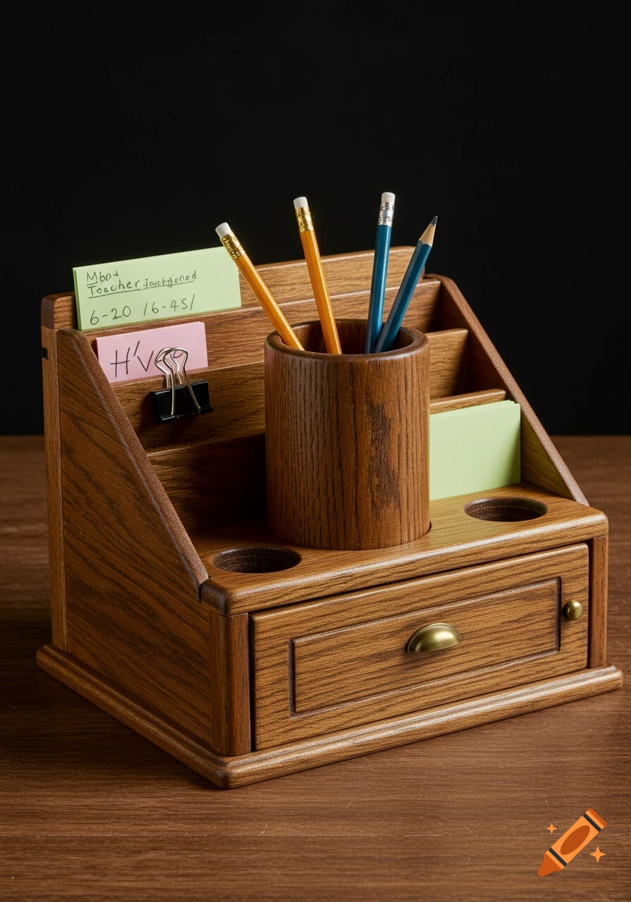 A wooden desk organizer with a pencil holder, compartments, a small drawer, and sticky notes on a wooden table.