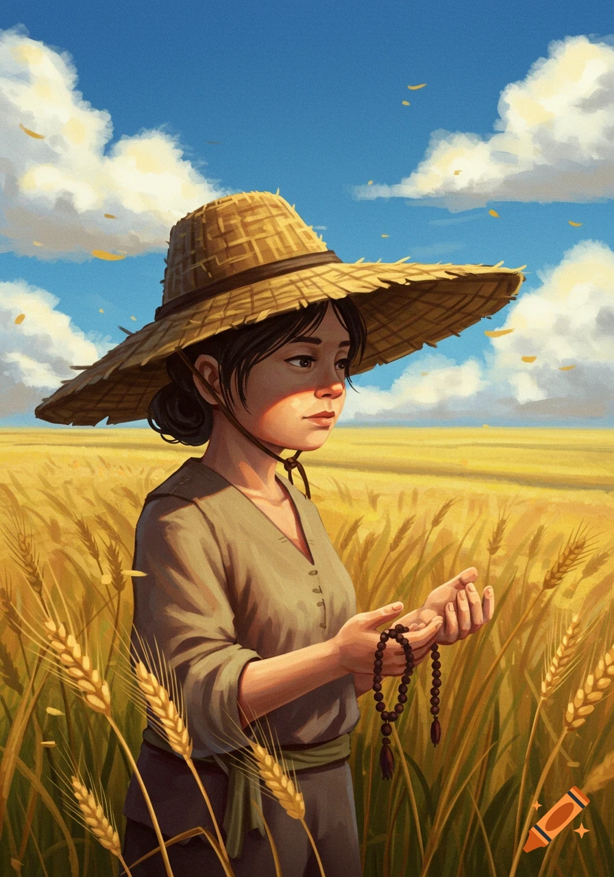 Illustrated portrait of a young woman in a straw hat in a golden wheat field, holding prayer beads.