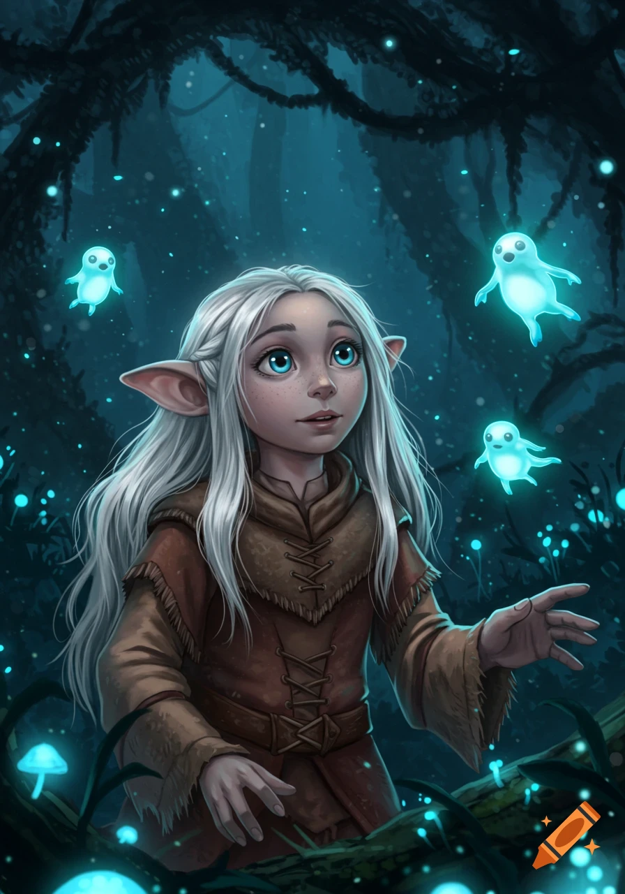 A white-haired elf-like girl with blue eyes looks up at glowing blue spirits in a dark, magical forest, digital painting.