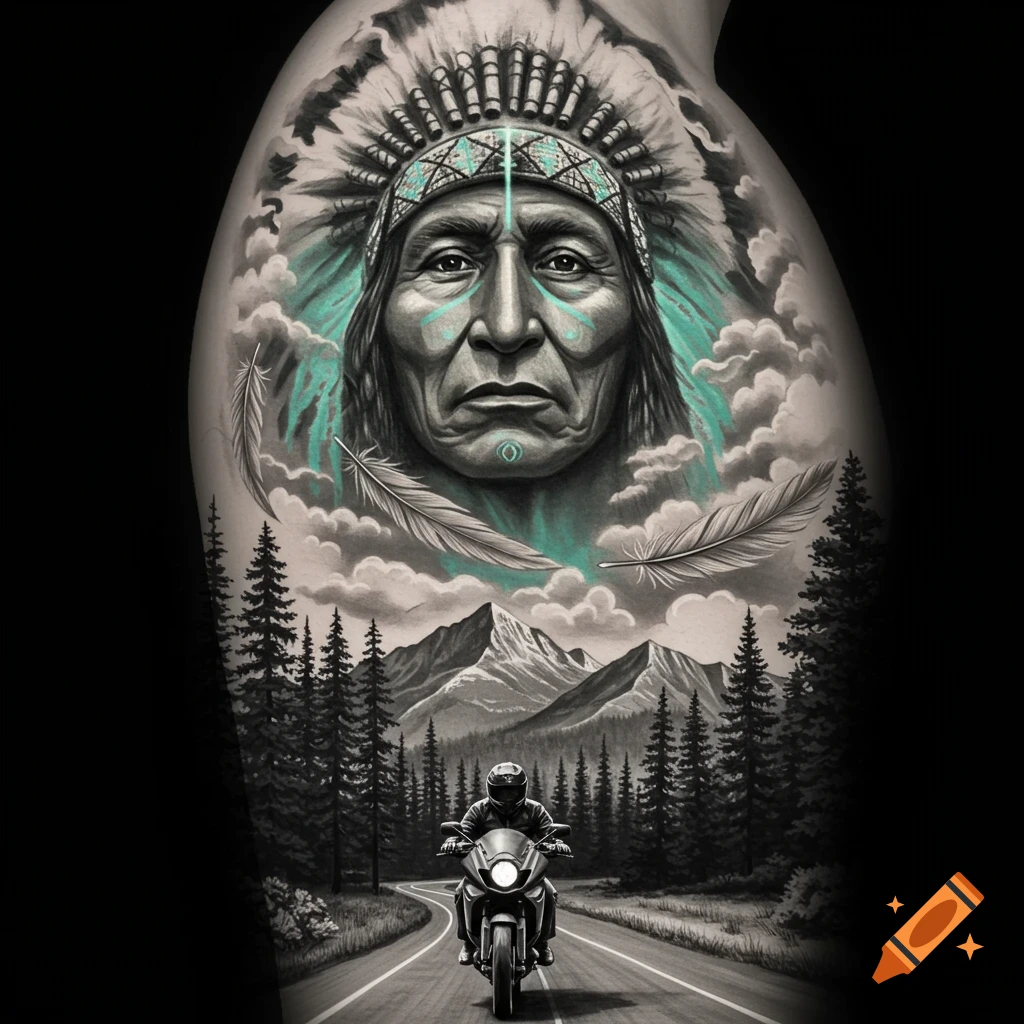 Black and grey tattoo of a Native American chief's face above a motorcycle  on a winding mountain road, with turquoise accents. on Craiyon, image size:1024x1024