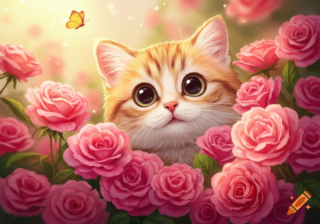 Cute fluffy orange and white cat with big eyes peeking from pink roses, with a butterfly above, in a soft, bright illustration.