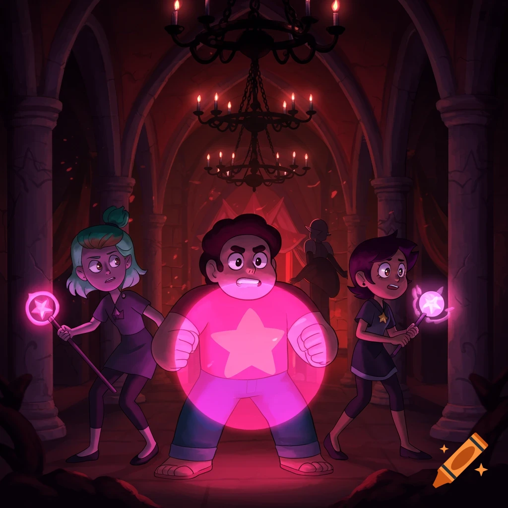 Steven Universe, Amity, and Luz look surprised in a dimly lit, red-hued castle. Steven glows pink, flanked by Amity and Luz holding glowing star wands, as a shadowy figure looms in the background.
