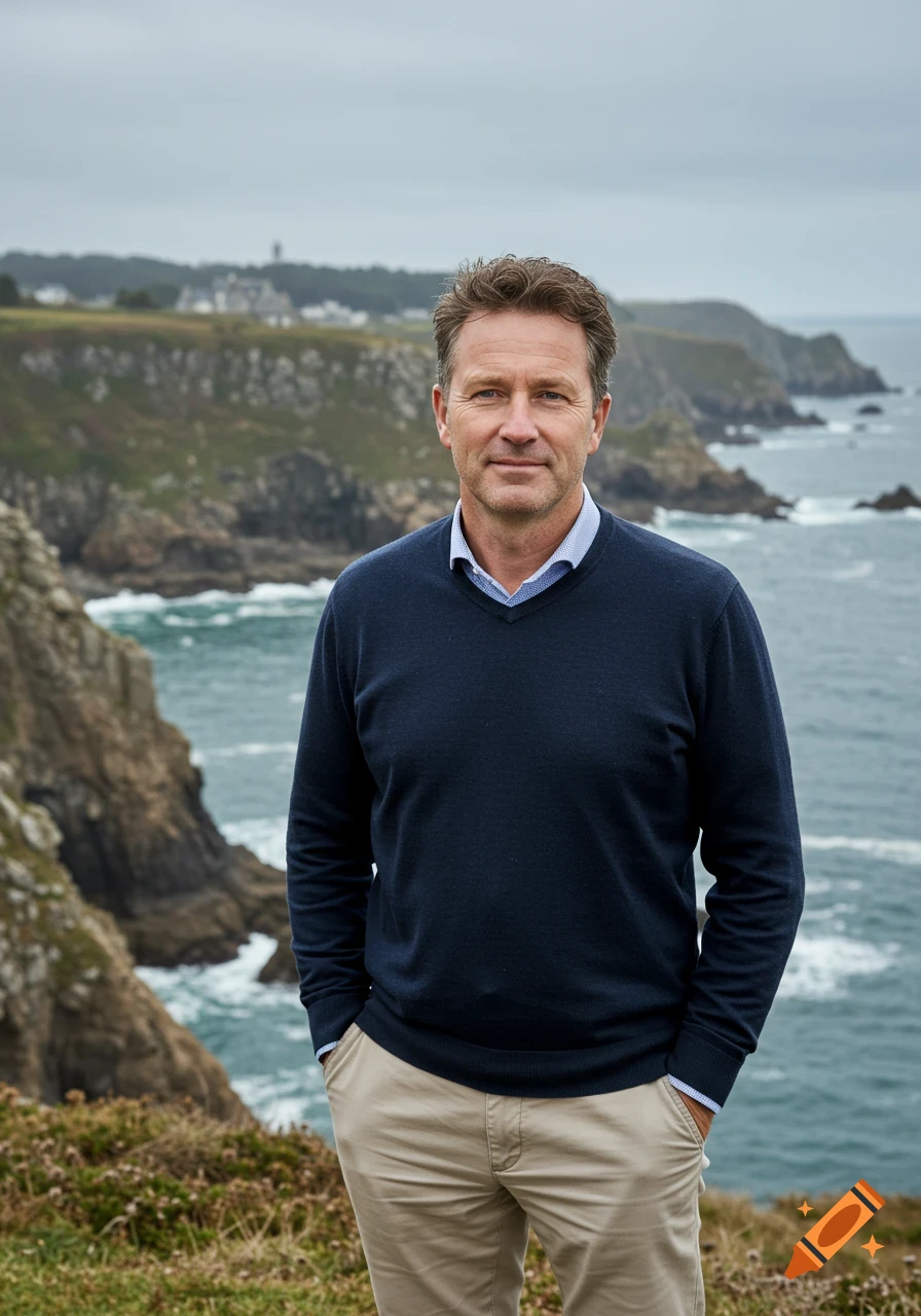 A photorealistic portrait of a man in his 40s on a grassy cliff overlooking a rocky coastline and the sea.