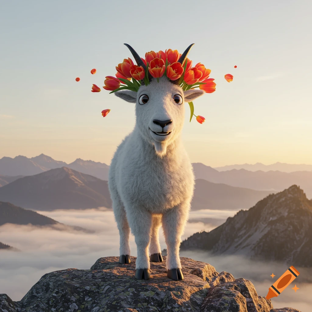 A smiling 3D rendered mountain goat wearing a red tulip flower crown, standing on a rocky peak above clouds with mountains in the background.