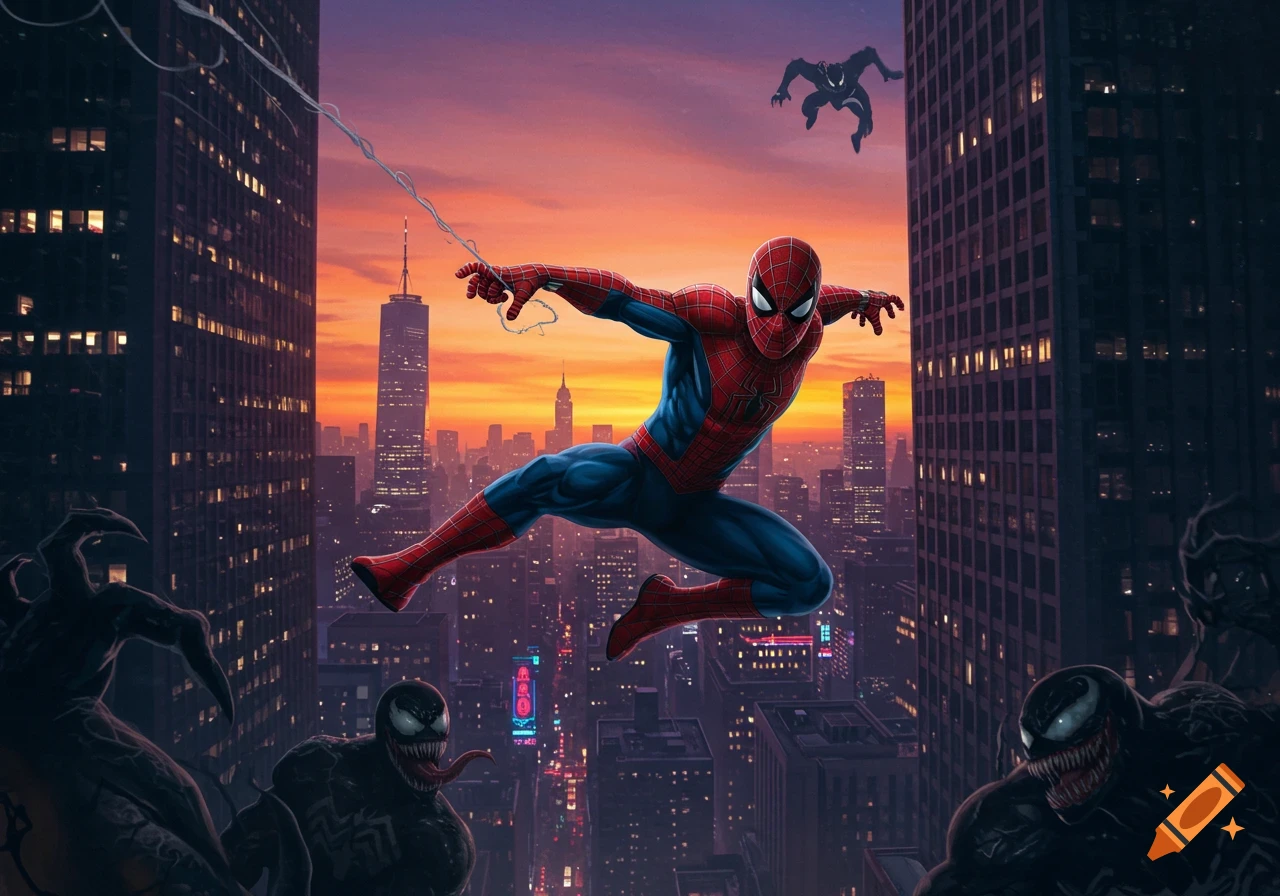 Spider-Man swings through a vibrant cityscape at sunset, surrounded by several Venom symbiotes, in a comic book style.