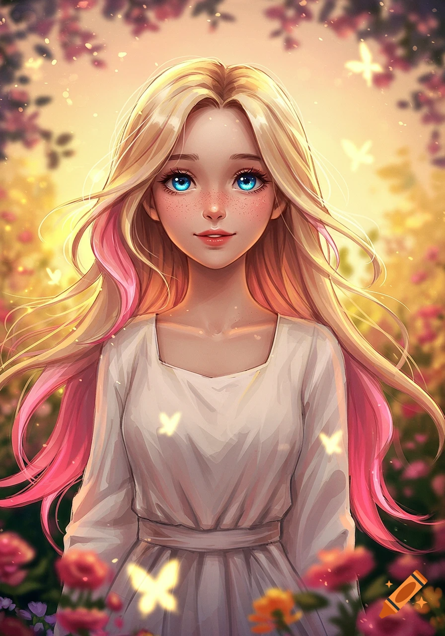 An anime girl with long blonde hair and pink highlights, bright blue eyes, and light freckles, standing in a magical garden filled with glowing butterflies and flowers.