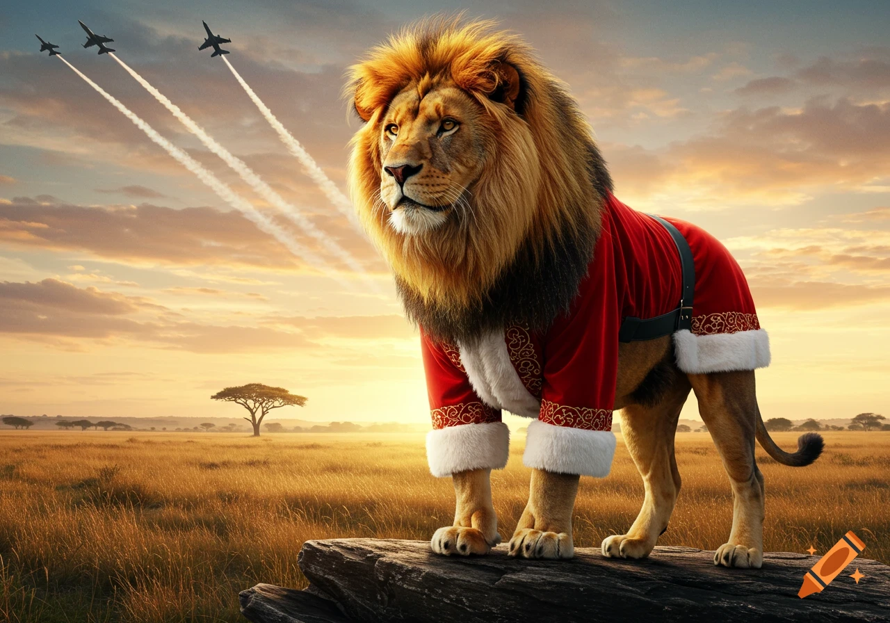 A photorealistic lion in a red Santa suit stands on a rock in a savanna at sunset, with three fighter jets flying overhead.