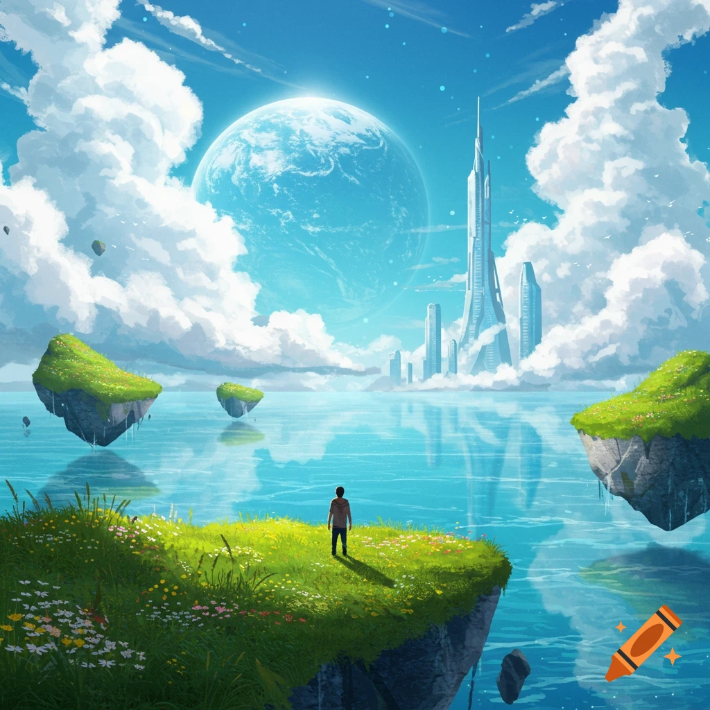 A person on a floating grassy island overlooks a futuristic city and large planet in a vibrant, serene sky with calm water, digital art.