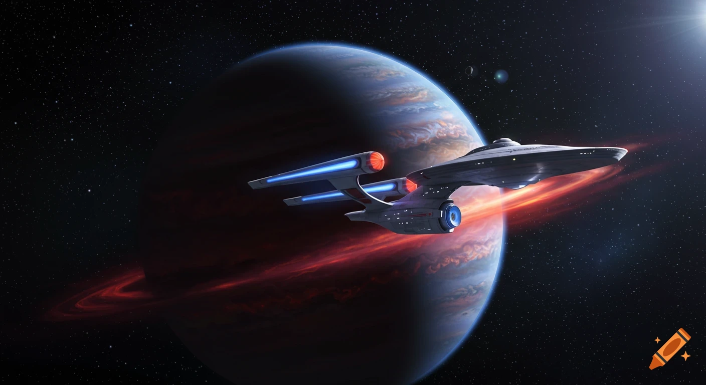 A Star Trek-inspired starship orbits a gas giant with fiery red rings in deep space.