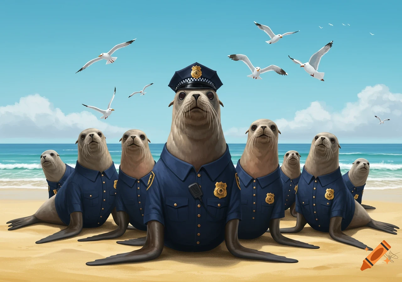 Seven seals dressed as police officers stand on a sandy beach with seagulls flying overhead, a clear blue sky, and ocean in the background.