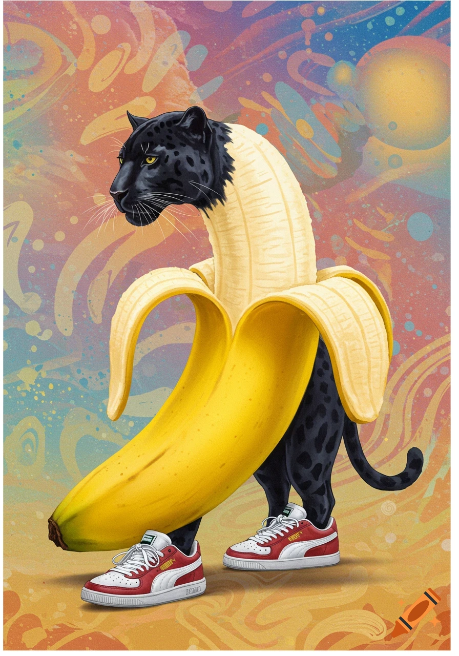 A black panther with its body replaced by a peeled banana, wearing red and white Puma sneakers, stands against a colorful abstract background.