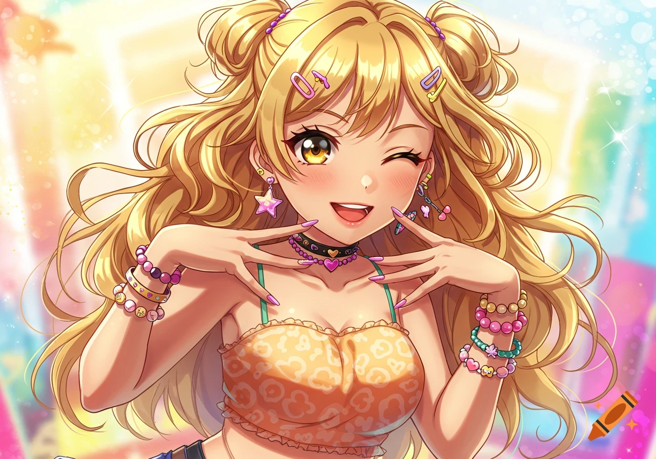 Anime gyaru girl with long blonde hair, winking, wearing a crop top and colorful accessories in a bright, stylish setting.