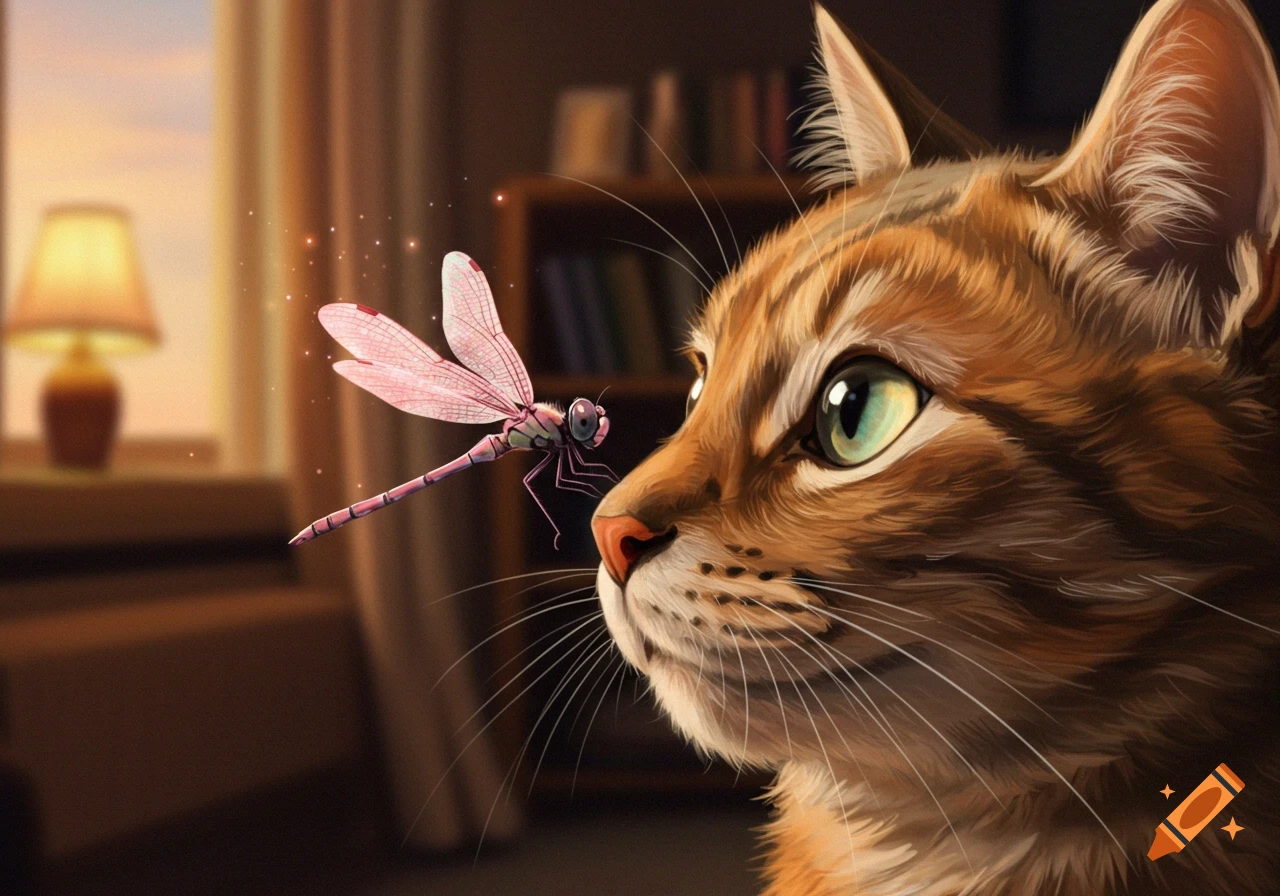 A close-up digital painting of a tabby cat gazing intently at a pink dragonfly in a cozy, sunlit room.