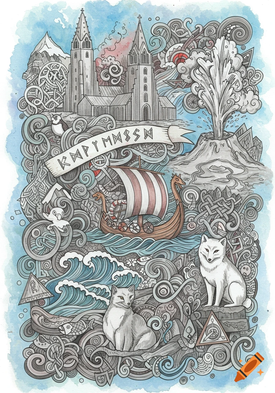 Hand-doodle watercolor illustration with Icelandic symbols: Hallgrímskirkja, geysir, Viking ship, arctic foxes, and Celtic knot designs.