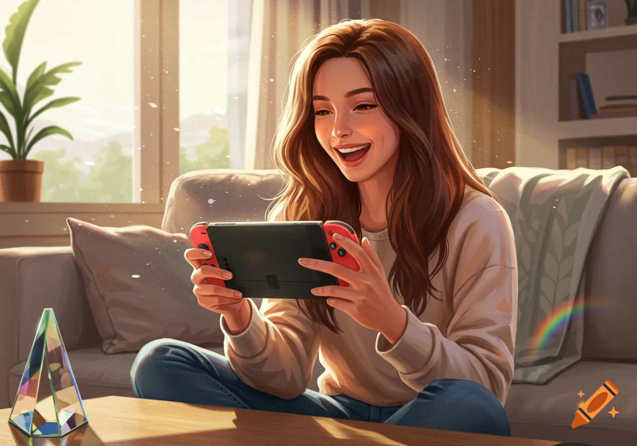 Happy brown-haired woman playing a Nintendo Switch in a bright, sunlit living room, digital art.