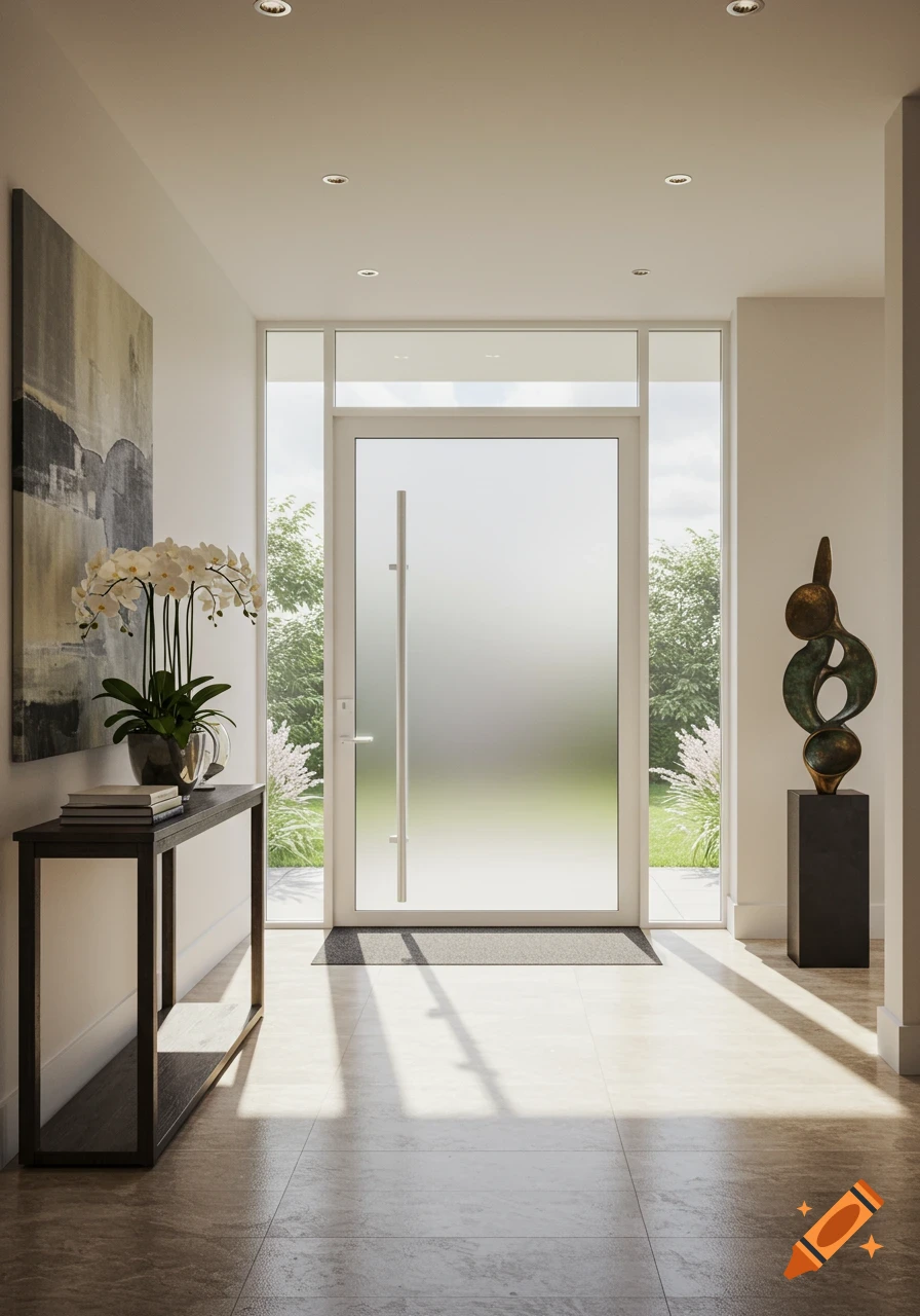 Photorealistic modern entryway with a frosted glass door, console table with orchids, and abstract sculpture.