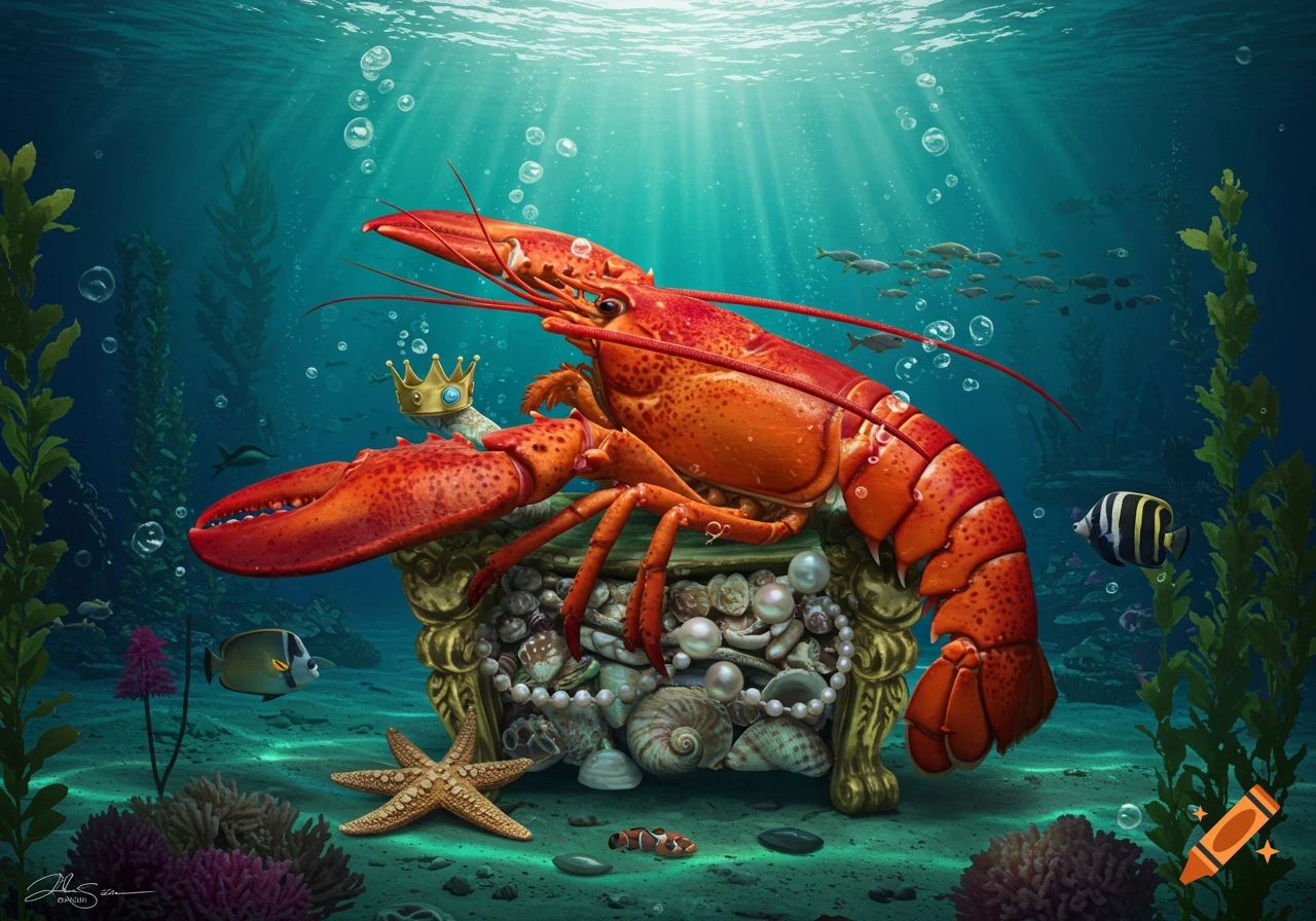 A vibrant red lobster wearing a golden crown sits on a treasure chest filled with pearls and shells on the ocean floor, surrounded by seaweed and fish.