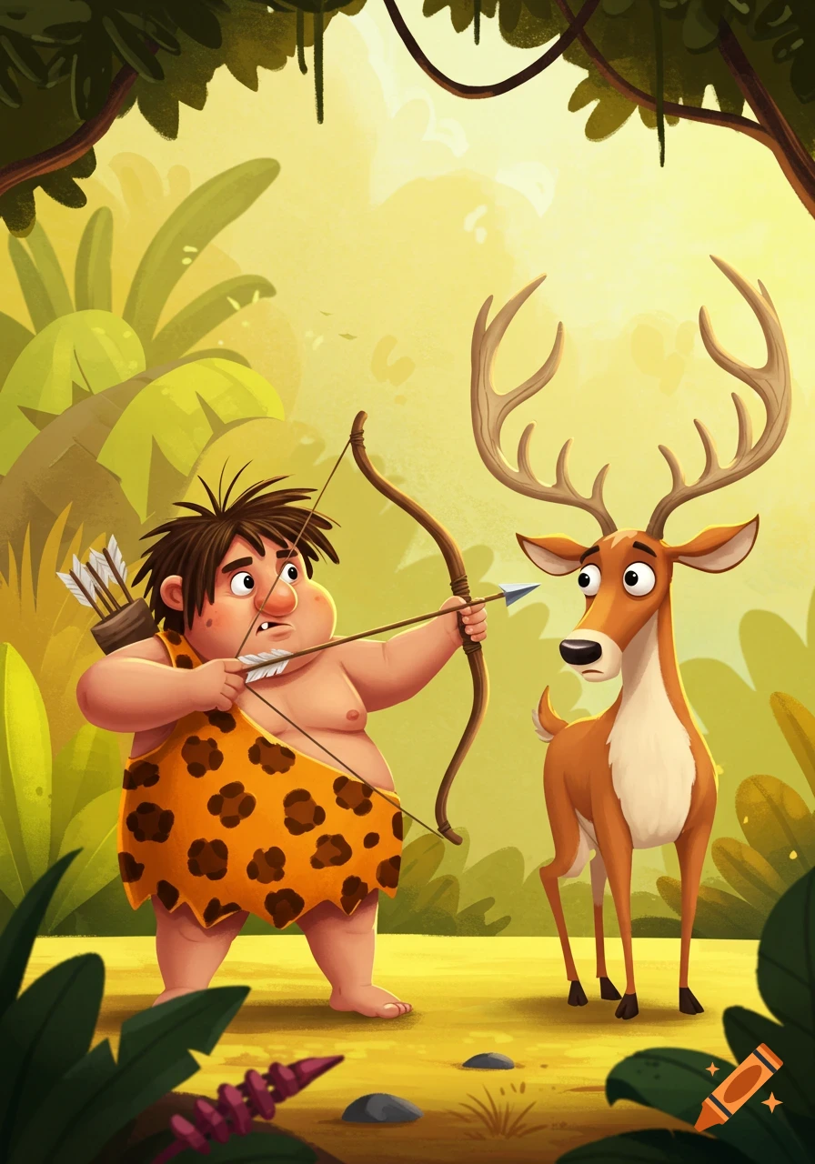 Funny cartoon caveman aims bow at a worried deer in a jungle setting.