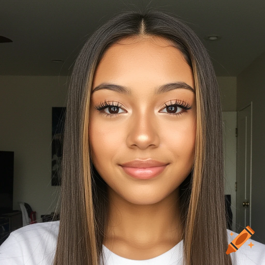 Photorealistic close-up portrait of a young Latina woman with long, straight brown hair with blonde highlights, smiling subtly.