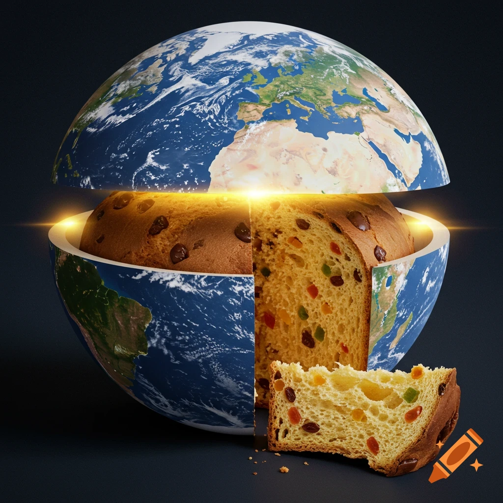 A globe of the Earth split open, revealing a panettone cake with candied fruits inside, with a slice cut out.