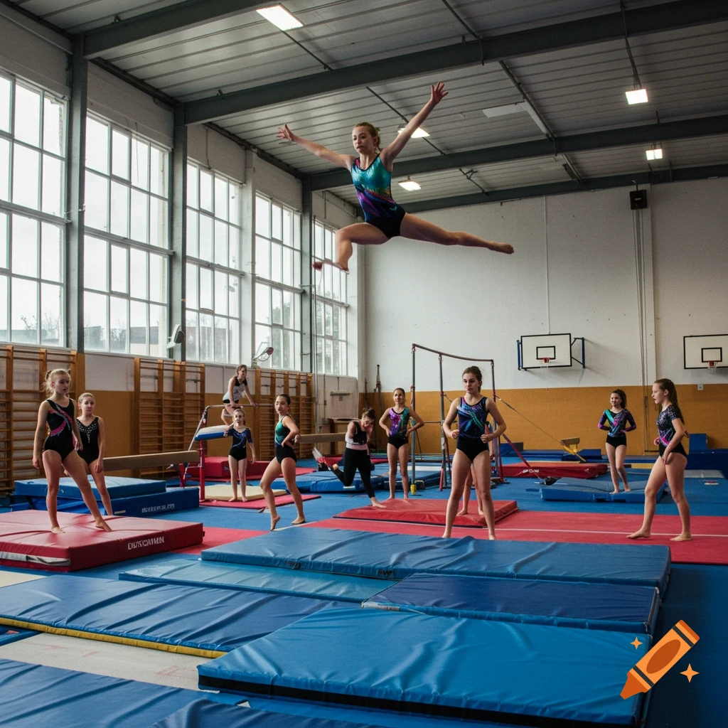 A girl in a leotard leaps mid-air in a gymnasium while other girls in leotards stand on blue and red mats, surrounded by gym equipment.