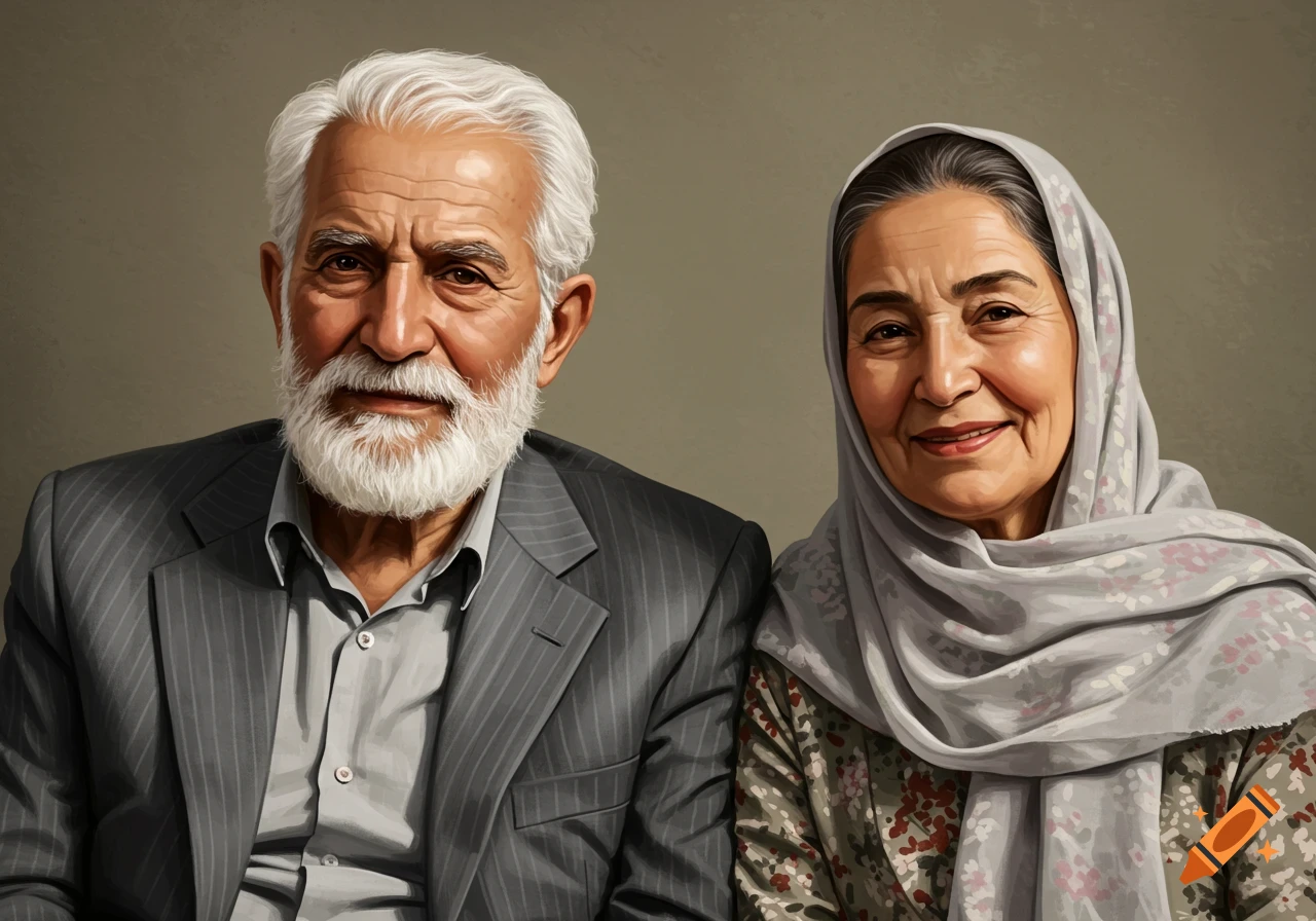 Painted portrait of an elderly Iranian man with white hair and beard in a suit, next to an elderly woman in a light gray hijab, both smiling.