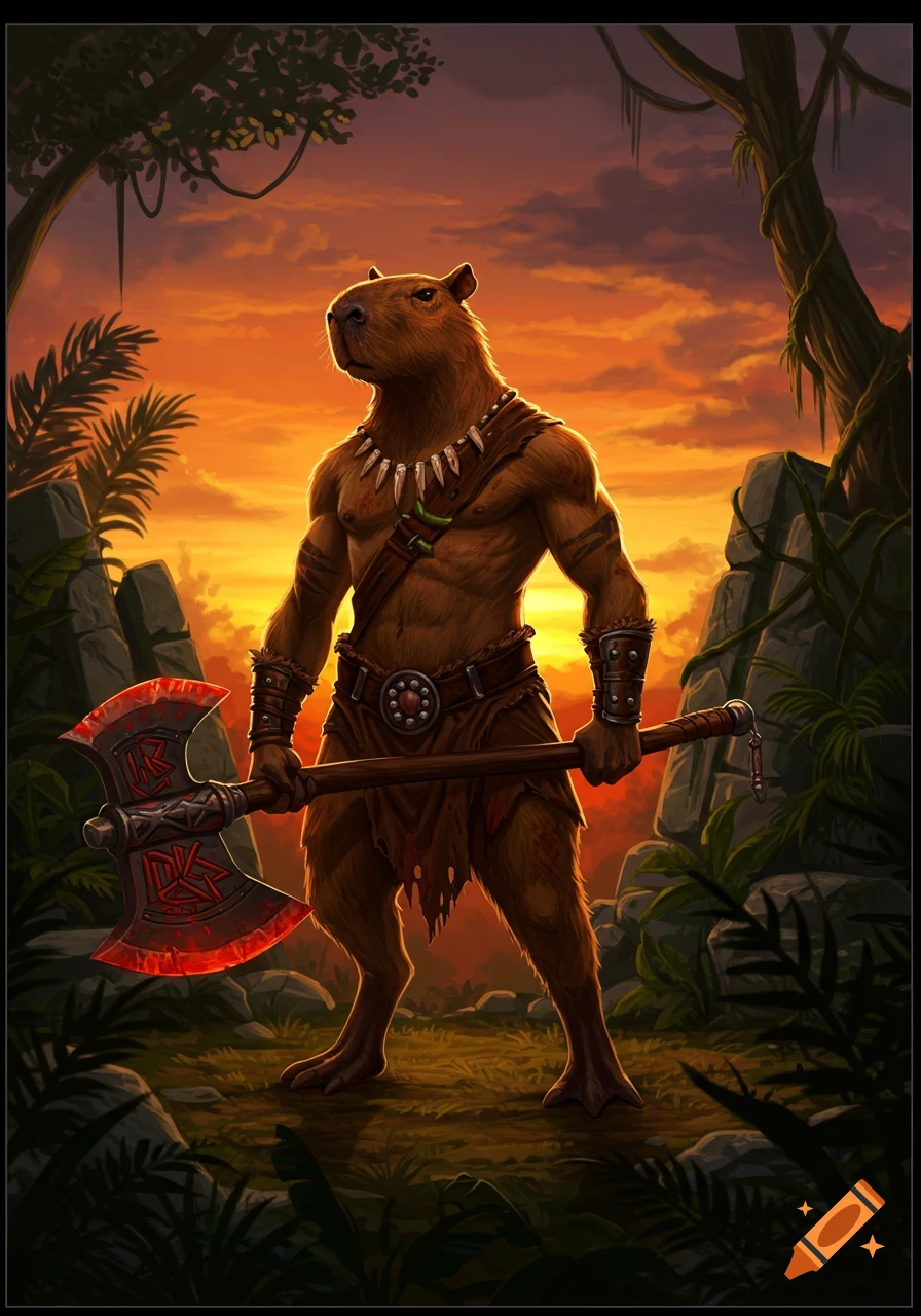A muscular humanoid capybara barbarian in a loincloth holds a large glowing axe in a jungle at sunset.