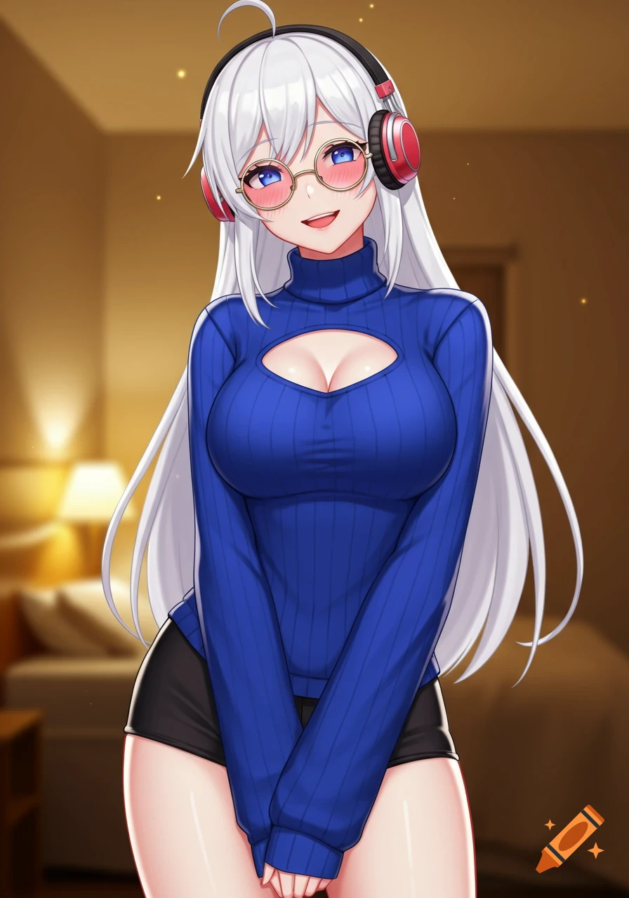 Anime woman with white hair, glasses, red headphones, blue cutout sweater, and black shorts, smiling in a warm bedroom.