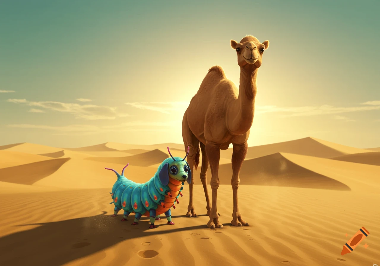 A cartoon camel and a blue and orange caterpillar-dog stand in a sandy desert under a clear sky.