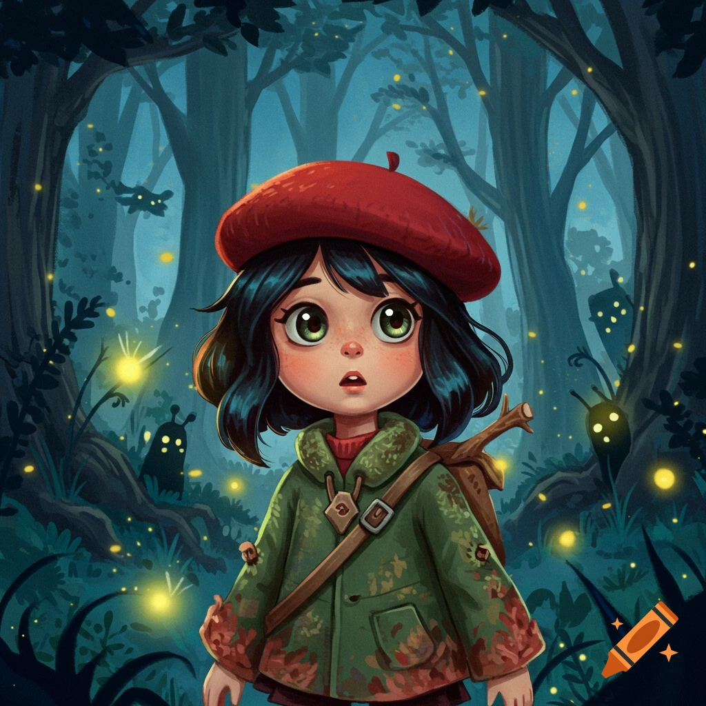 A wide-eyed cartoon girl in a red beret and green coat explores a dark, glowing forest with shadowy creatures.